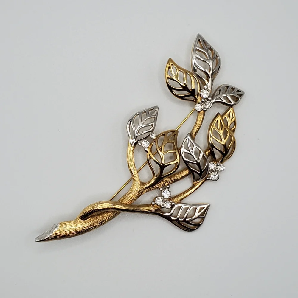 MCM Grossé Brooch Pin. Marked. Gold And Silver Tone Leaves. Rhinestones. Vintage